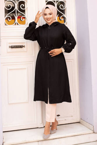 Beli İp Büzgülü Kapüşonlu Kap TSD240701 Siyah - Tesettür Dünyası