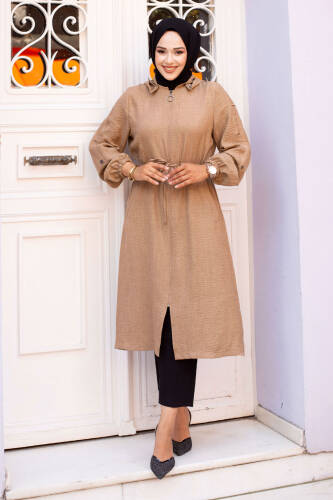 Beli İp Büzgülü Kapüşonlu Kap TSD240701 Vizon 