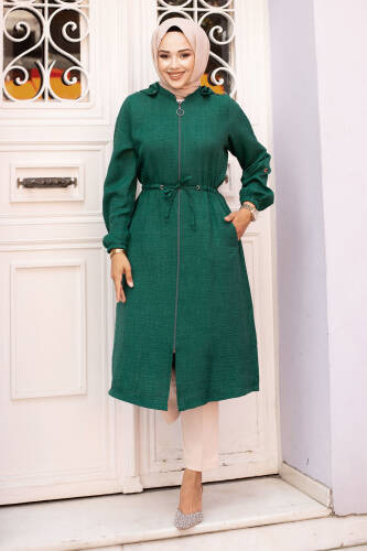 Beli İp Büzgülü Kapüşonlu Kap TSD240701 Zümrüt Yeşili 