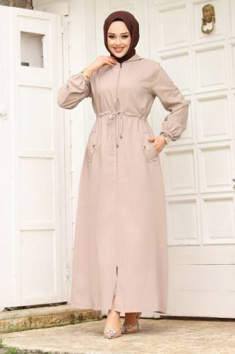 Beli İp Büzgü Kapüşonlu Tesettür Ferace TSD240239 Bej 