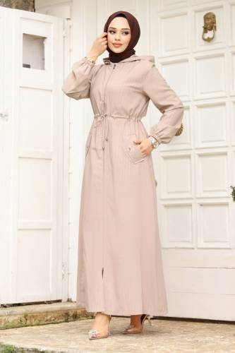 Beli İp Büzgü Kapüşonlu Tesettür Ferace TSD240239 Bej - 3