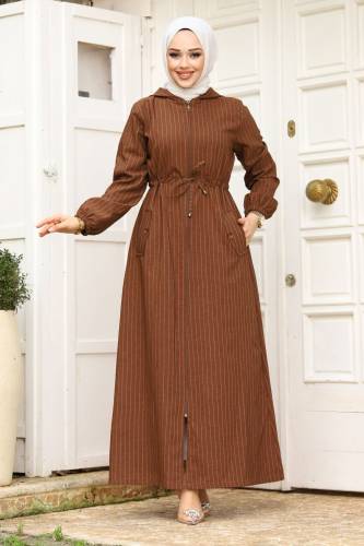 Beli İp Büzgü Kapüşonlu Tesettür Ferace TSD240239 Kahverengi 