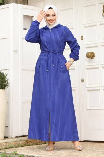 Beli İp Büz ü Kapüşonlu Tesettür Ferace TSD240239 Saks Mavisi 