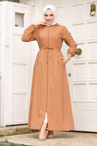 Beli İp Büz ü Kapüşonlu Tesettür Ferace TSD240239 Taba 