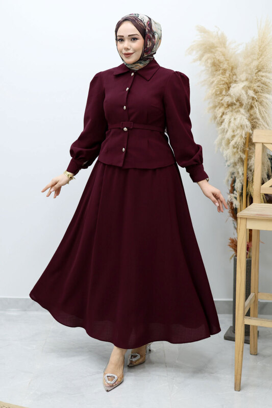 Beli Kemerli Etekli Takım TSD260150 Bordo - 1