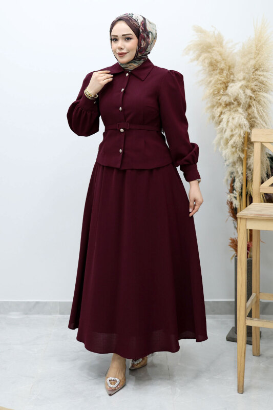 Beli Kemerli Etekli Takım TSD260150 Bordo - 3