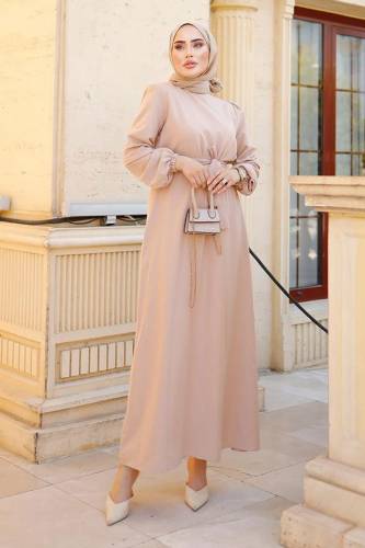 Beli Kuşak Detaylı Bisiklet Yaka Elbise TSD240406 Bej 