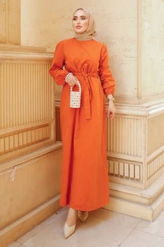 Beli Kuşak Detaylı Bisiklet Yaka Elbise TSD240406 Turuncu 