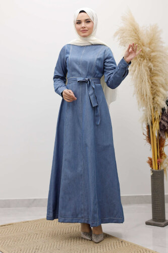 Beli Kuşaklı Dikiş Detaylı Kot Elbise TSD260127 Açık Mavi - 1