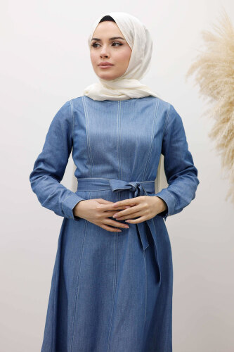Beli Kuşaklı Dikiş Detaylı Kot Elbise TSD260127 Açık Mavi - 2