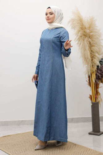 Beli Kuşaklı Dikiş Detaylı Kot Elbise TSD260127 Açık Mavi - 3