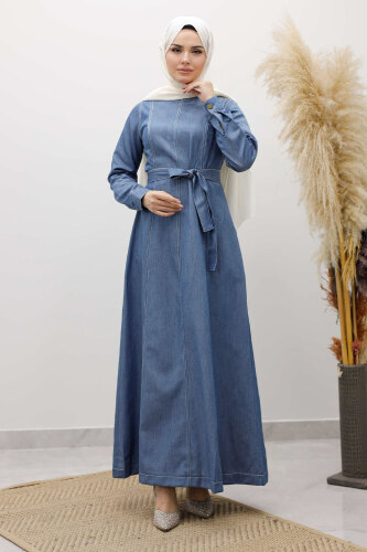 Beli Kuşaklı Dikiş Detaylı Kot Elbise TSD260127 Açık Mavi - 5