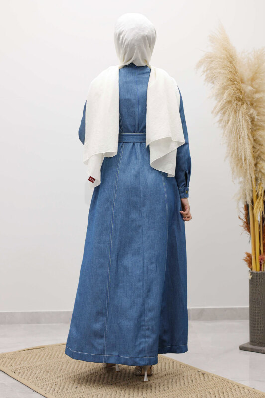 Beli Kuşaklı Dikiş Detaylı Kot Elbise TSD260127 Açık Mavi - 6