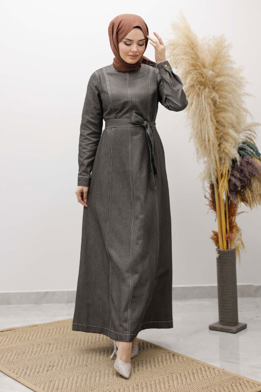 Beli Kuşaklı Dikiş Detaylı Kot Elbise TSD260127 Antrasit - 1