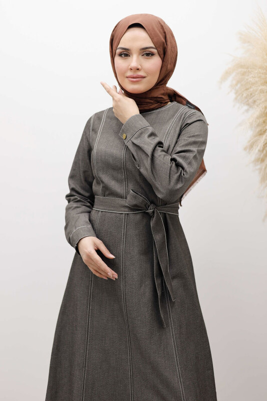 Beli Kuşaklı Dikiş Detaylı Kot Elbise TSD260127 Antrasit - 2