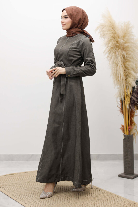 Beli Kuşaklı Dikiş Detaylı Kot Elbise TSD260127 Antrasit - 5