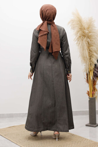 Beli Kuşaklı Dikiş Detaylı Kot Elbise TSD260127 Antrasit - 6