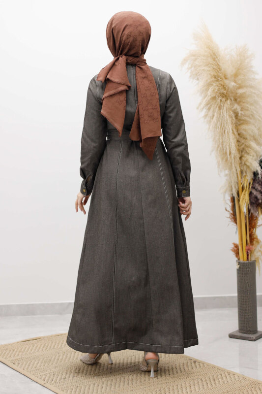 Beli Kuşaklı Dikiş Detaylı Kot Elbise TSD260127 Antrasit - 6