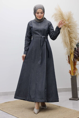 Beli Kuşaklı Dikiş Detaylı Kot Elbise TSD260127 Koyu Mavi 