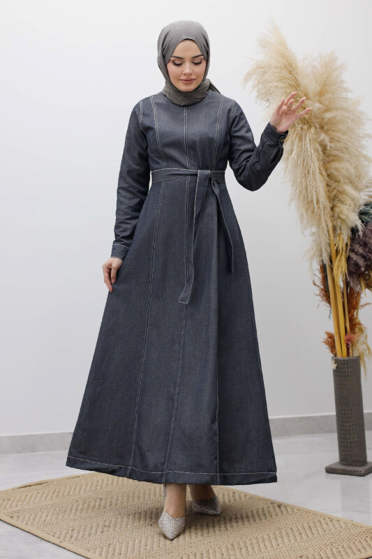 Beli Kuşaklı Dikiş Detaylı Kot Elbise TSD260127 Koyu Mavi - 1