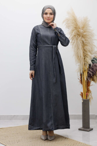 Beli Kuşaklı Dikiş Detaylı Kot Elbise TSD260127 Koyu Mavi - 3