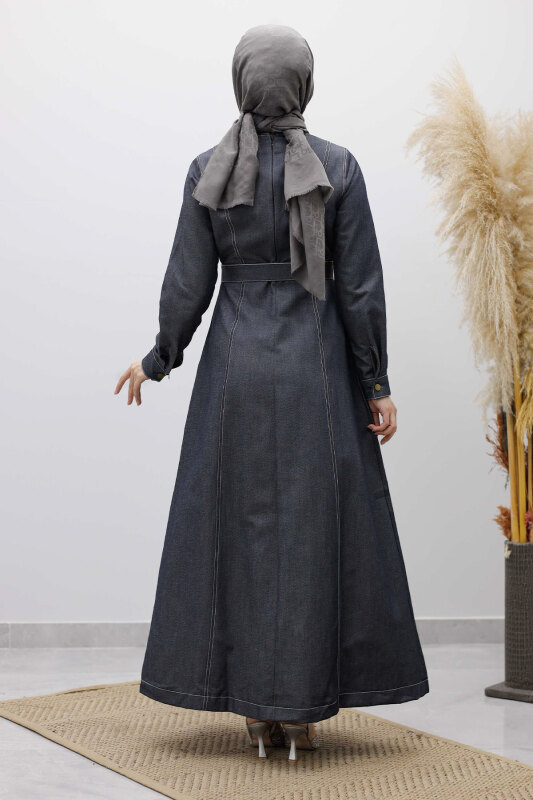 Beli Kuşaklı Dikiş Detaylı Kot Elbise TSD260127 Koyu Mavi - 6