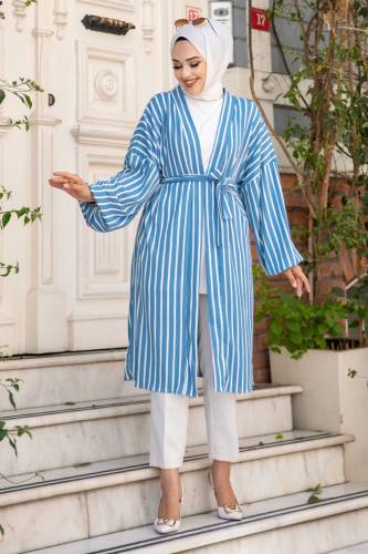 Beli Kuşaklı Düşük Kol Çizgili Kimono TSD240515 Mavi 