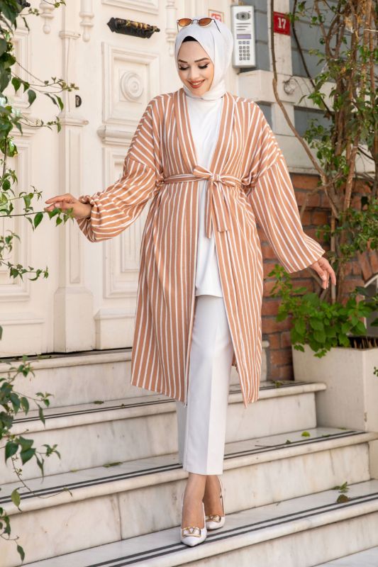 Beli Kuşaklı Düşük Kol Çizgili Kimono TSD240515 Vizon - Tesettür Dünyası (1)