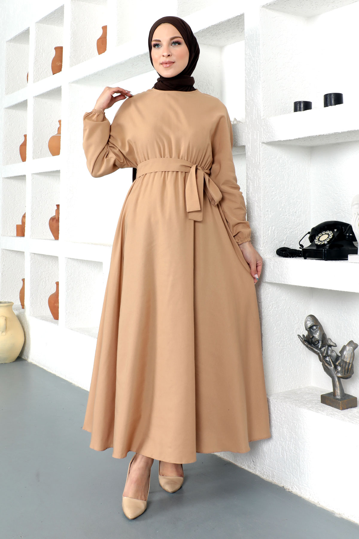 Tesettür Dünyası - Beli Kuşaklı Elbise TSD220313 Camel