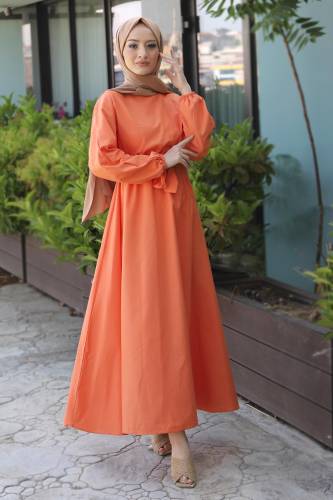 Beli Kuşaklı Elbise TSD220313 Turuncu 
