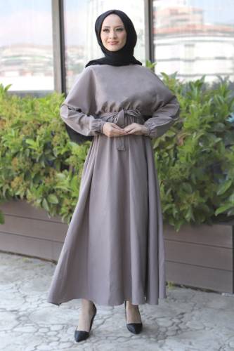 Beli Kuşaklı Elbise TSD220313 Vizon 