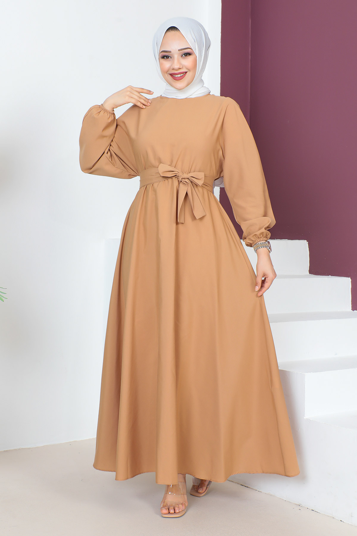 Tesettür Dünyası - Beli Kuşaklı Elbise TSD230611 Camel