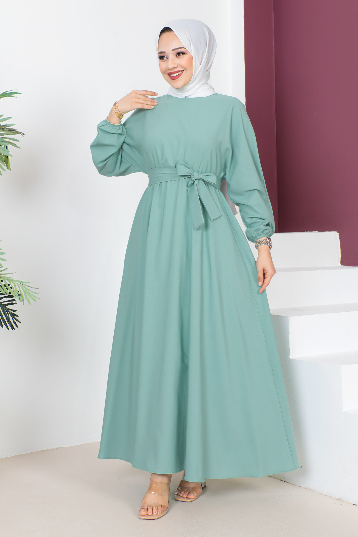 Tesettür Dünyası - Beli Kuşaklı Elbise TSD230611 Mint Yeşili