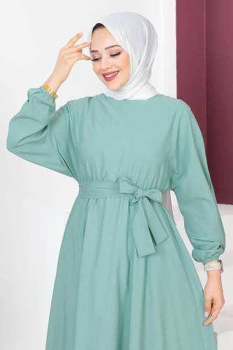 Beli Kuşaklı Elbise TSD230611 Mint Yeşili - Tesettür Dünyası (1)