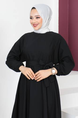 Beli Kuşaklı Elbise TSD230611 Siyah - Tesettür Dünyası (1)