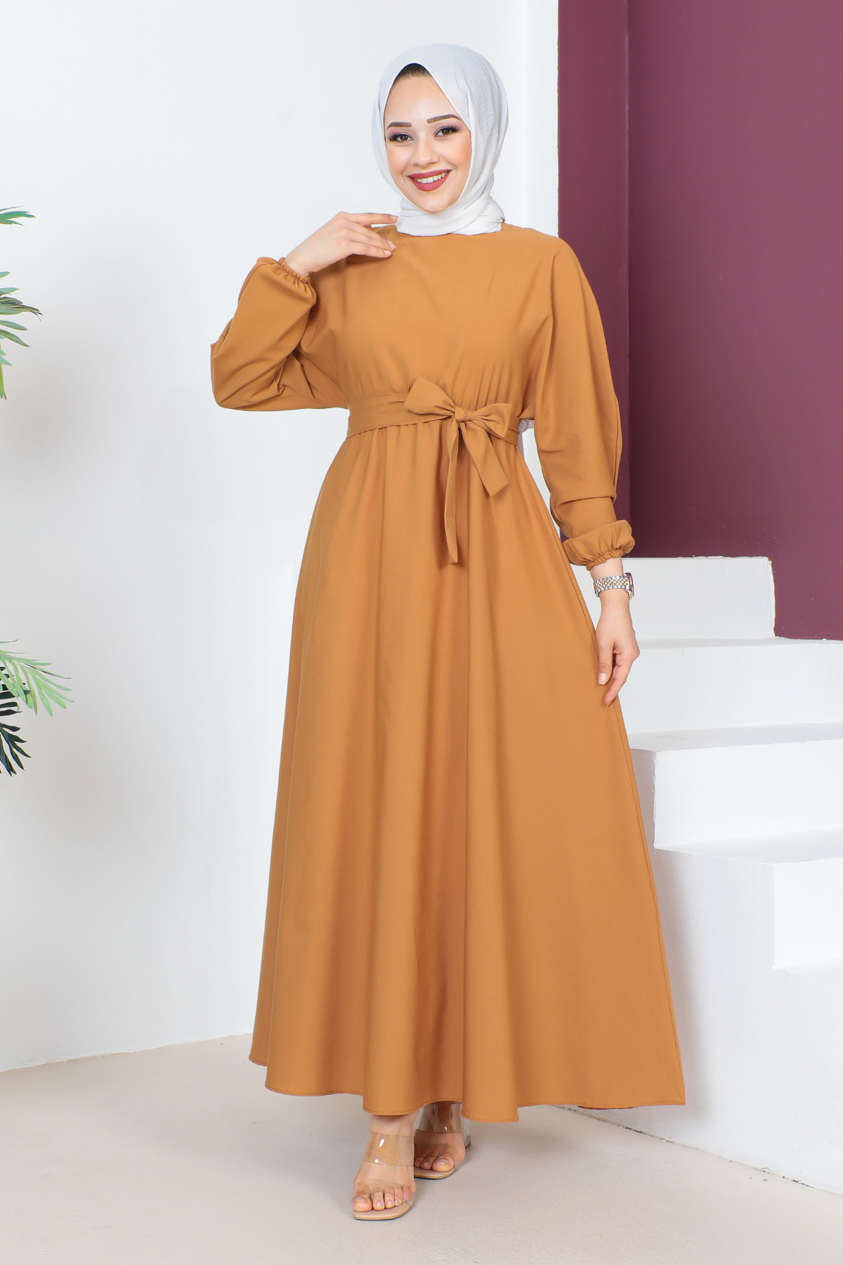 Tesettür Dünyası - Beli Kuşaklı Elbise TSD230611 Taba