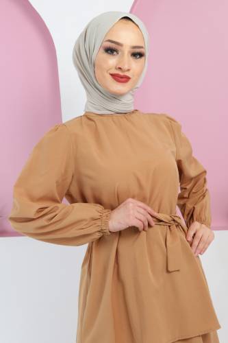 Beli Kuşaklı Etekli Takım TSD220410 Camel - Tesettür Dünyası (1)