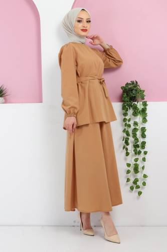 Beli Kuşaklı Etekli Takım TSD220410 Camel 