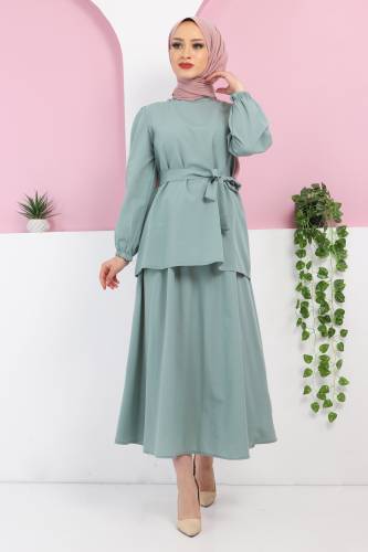 Beli Kuşaklı Etekli Takım TSD220410 Mint Yeşili 