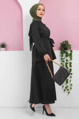 Beli Kuşaklı Etekli Takım TSD220410 Siyah 
