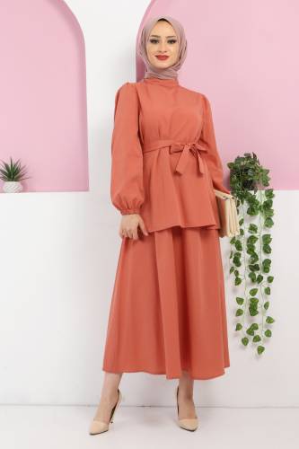 Beli Kuşaklı Etekli Takım TSD220410 Somon 