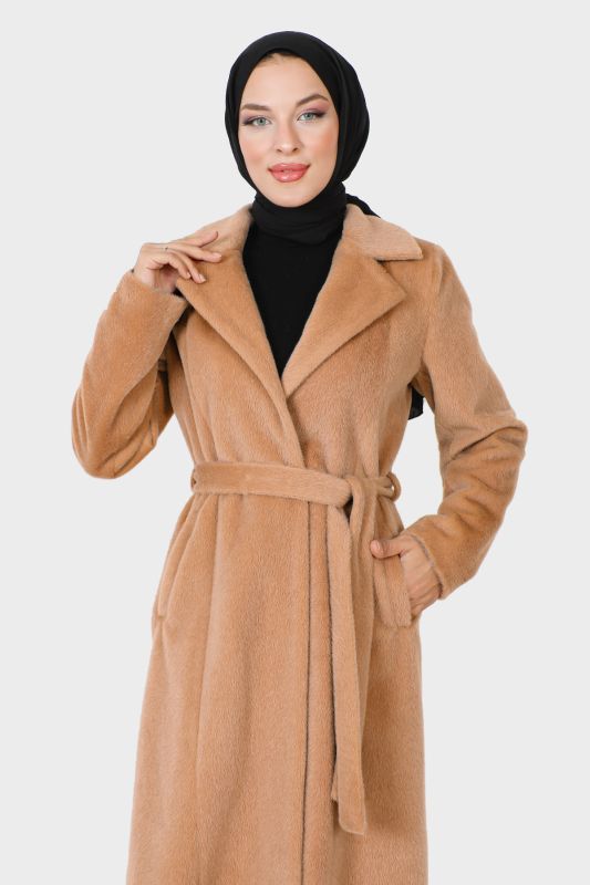Beli Kuşaklı Fox Kaban TSD230917 Camel - Tesettür Dünyası (1)