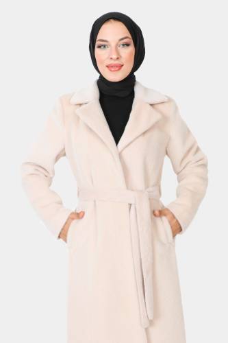 Beli Kuşaklı Fox Kaban TSD230917 Ekru - Tesettür Dünyası (1)