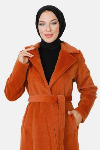 Beli Kuşaklı Fox Kaban TSD230917 Turuncu - Tesettür Dünyası (1)