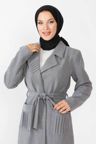 Beli Kuşaklı Kaşe Kaban TSD230804 Gri - Tesettür Dünyası (1)