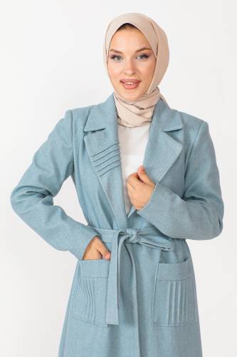 Beli Kuşaklı Kaşe Kaban TSD230804 Mavi - 2