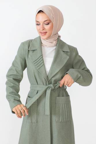 Beli Kuşaklı Kaşe Kaban TSD230804 Mint Yeşili - Tesettür Dünyası (1)
