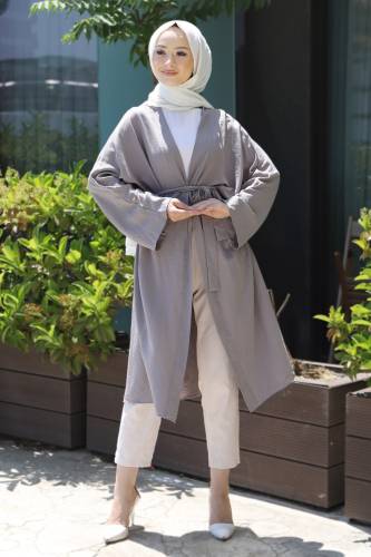 Beli Kuşaklı Kimono TSD220521 Gri 