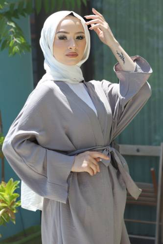 Beli Kuşaklı Kimono TSD220521 Gri - Tesettür Dünyası (1)