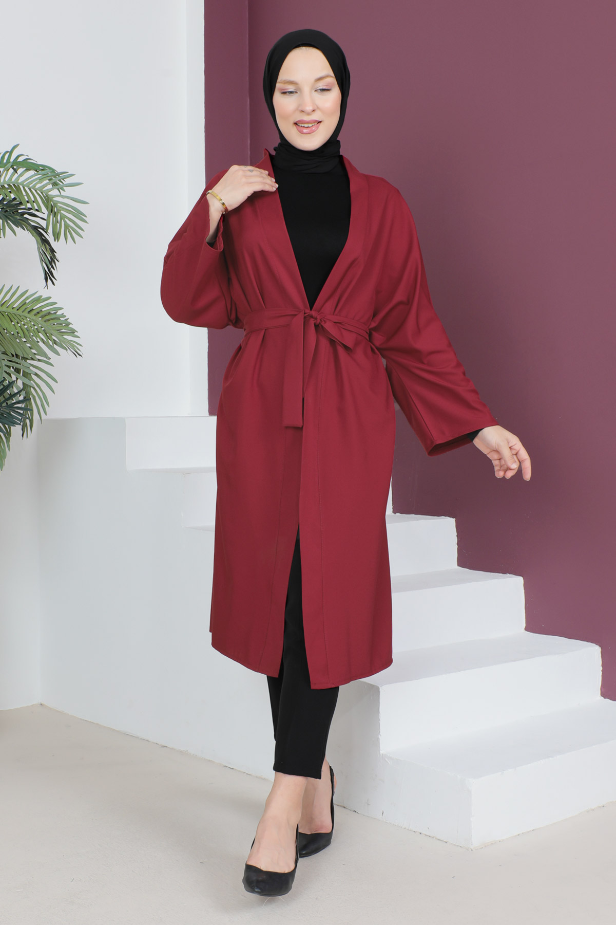Tesettür Dünyası - Beli Kuşaklı Kimono TSD230511 Bordo